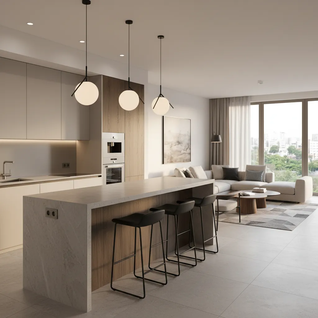 large kitchen island dividing kitchen and living room with bar seating