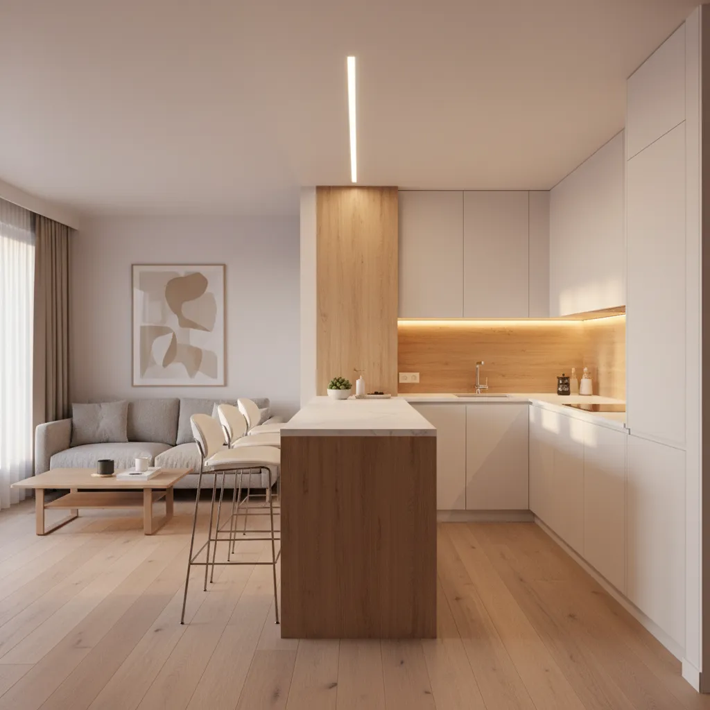 Small apartment kitchen island used to divide kitchen and living space