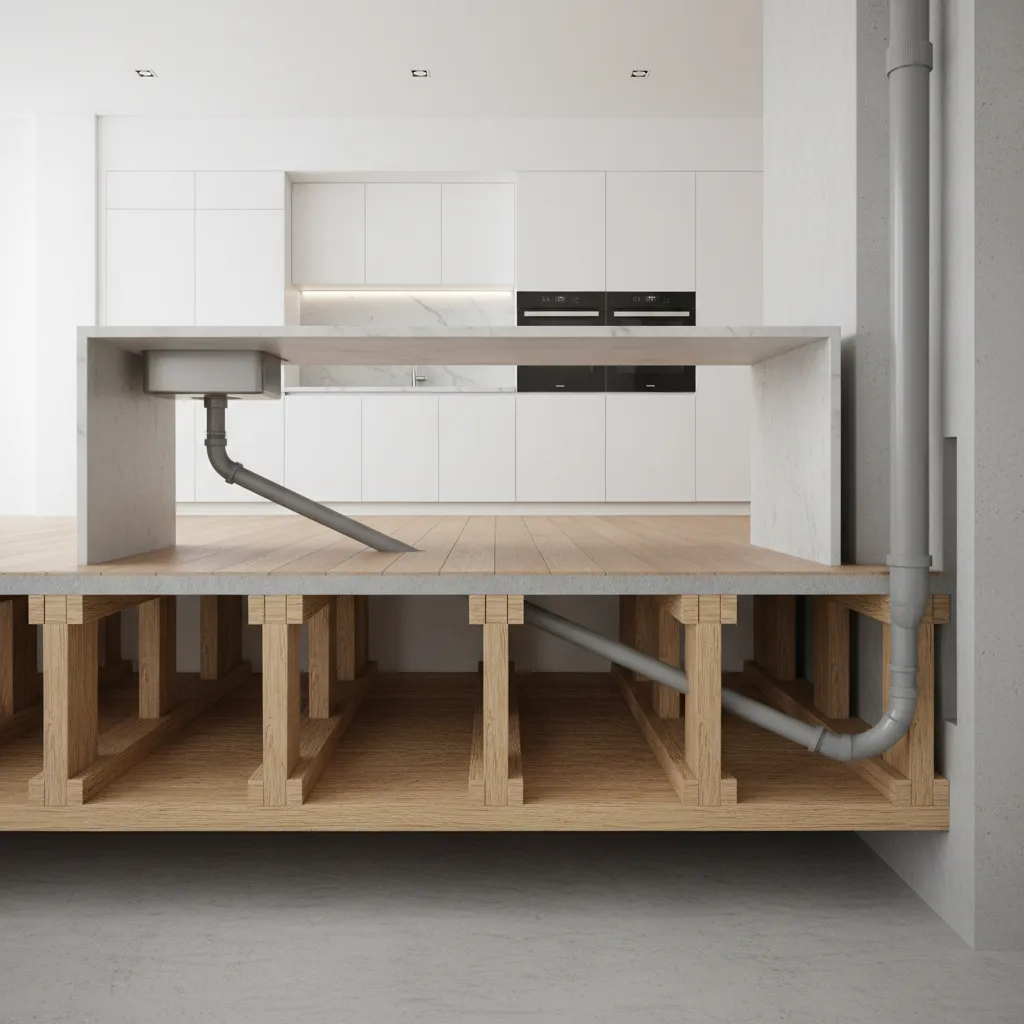 illustration of horizontal drain pipe slope under kitchen island floor