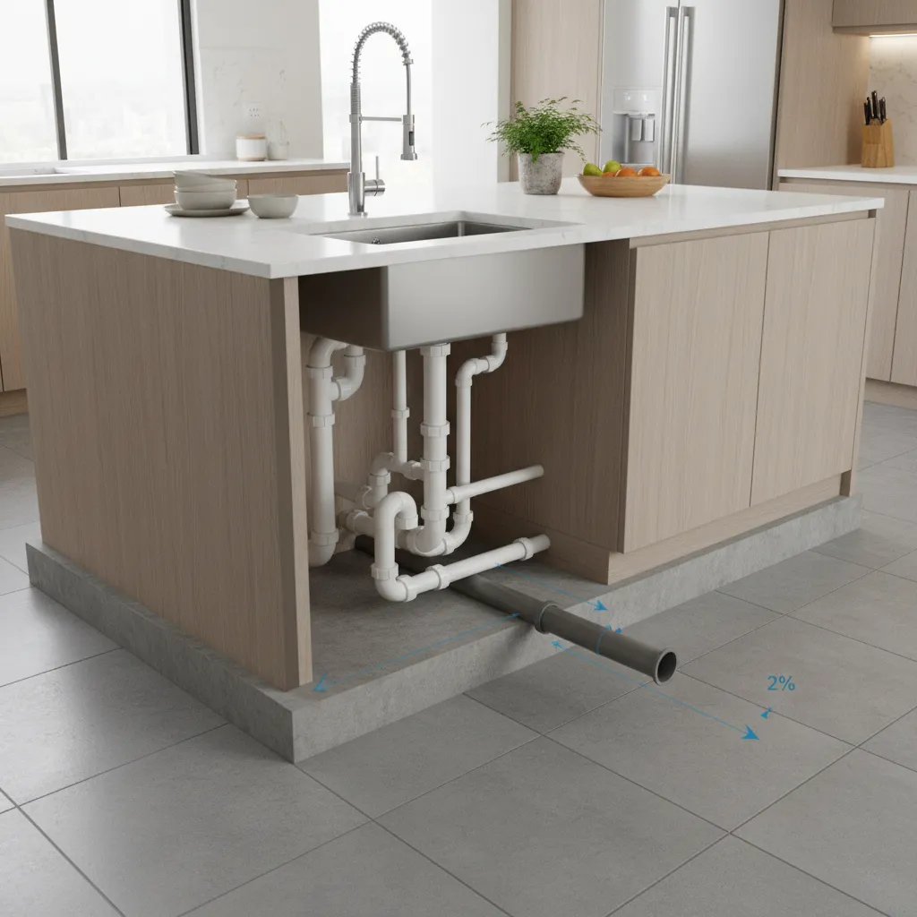 Diagram of kitchen island drain pipe slope and routing under floor