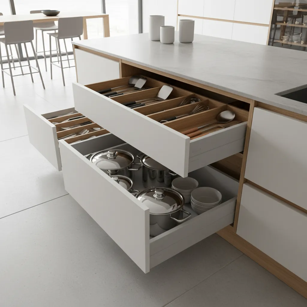 Kitchen island drawer storage organization