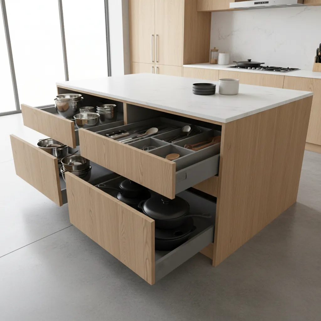 kitchen island drawers storing cookware and utensils