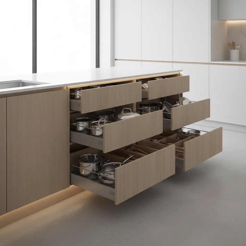 Kitchen island storage drawers designed for cookware and utensils