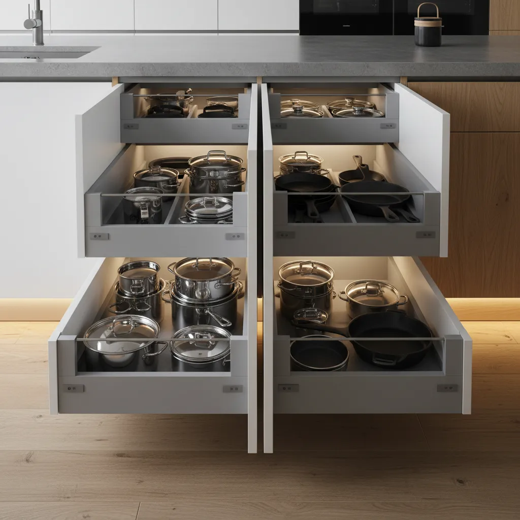 Kitchen island drawer storage configuration with deep drawers and cabinets