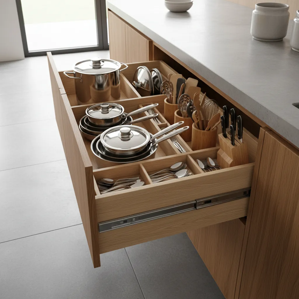 Wide kitchen island drawers with organized cookware storage