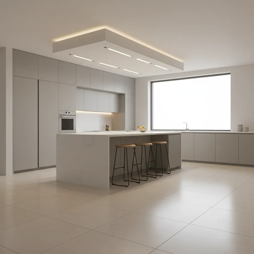 Kitchen island with rectangular drop ceiling and recessed lighting