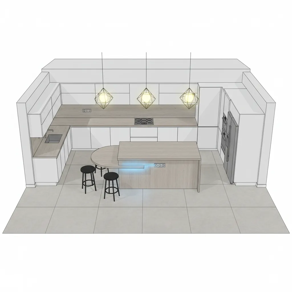 3D kitchen layout highlighting electrical outlet placement zones on island