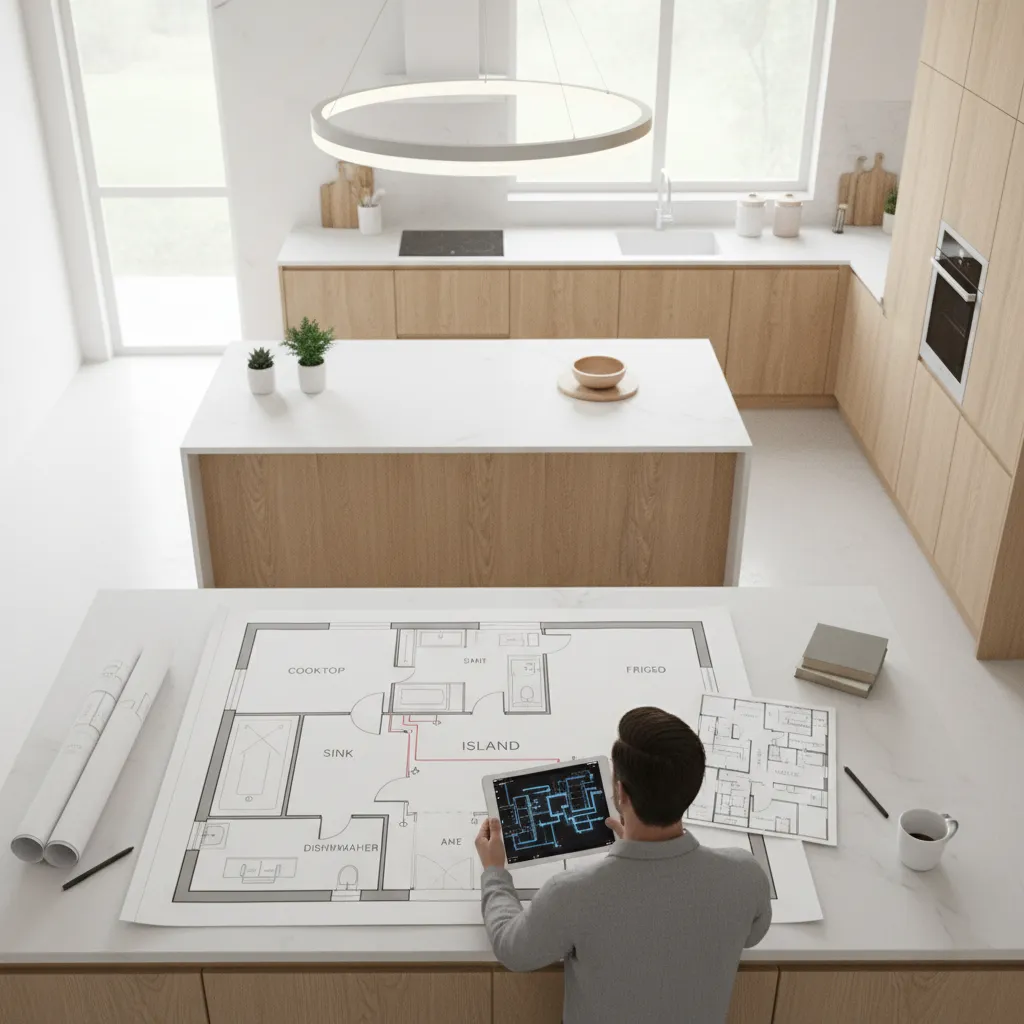 kitchen island layout plan showing appliance zones and outlet placement
