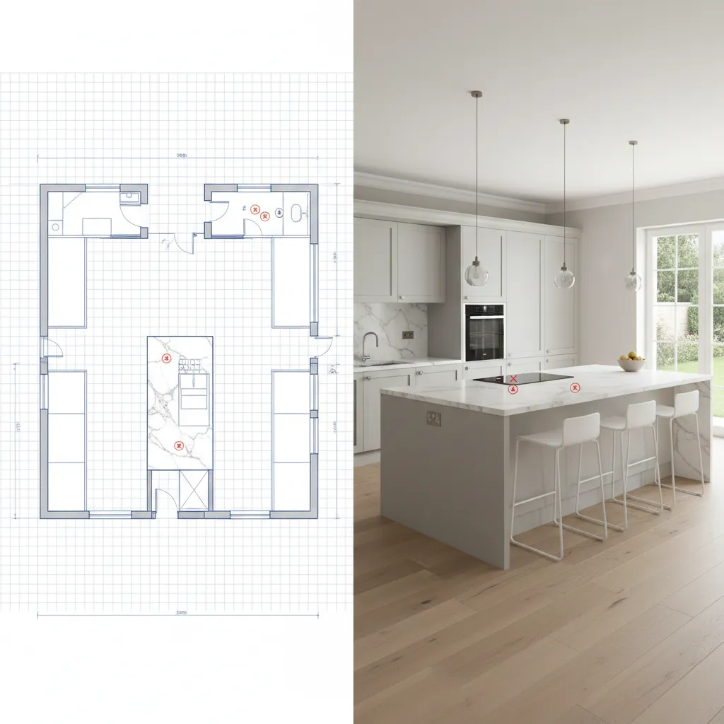 Kitchen floor plan showing island layout and electrical outlet planning
