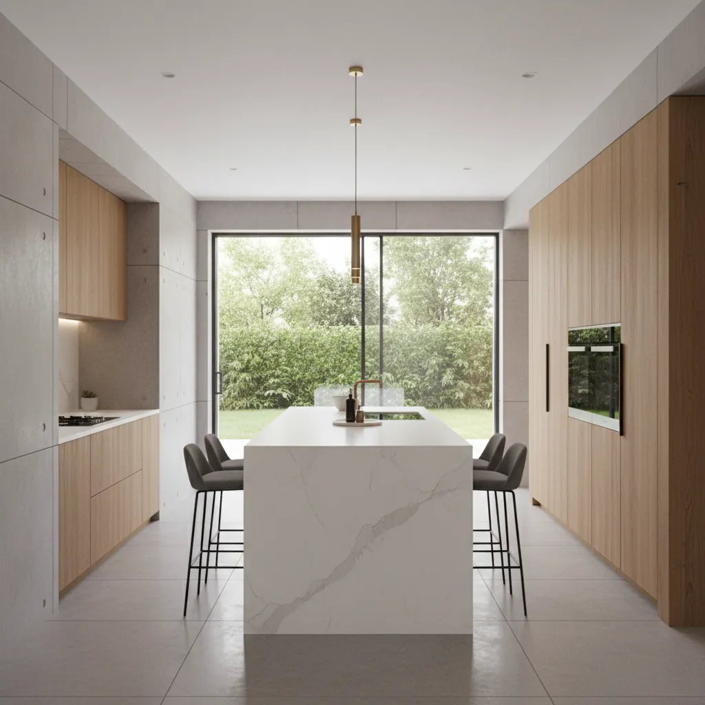 kitchen island with seating moved to the ends improving traffic flow