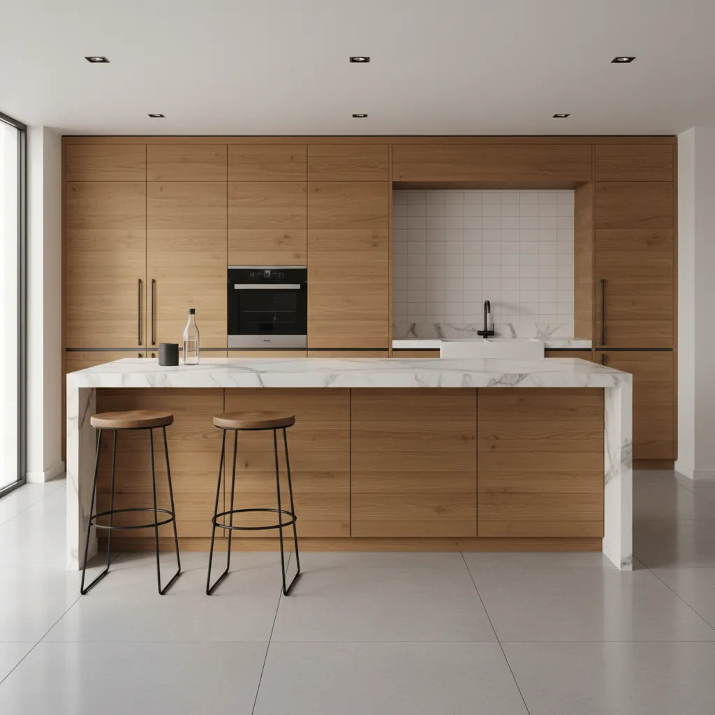 Kitchen island with end seating layout showing overhang and storage placement