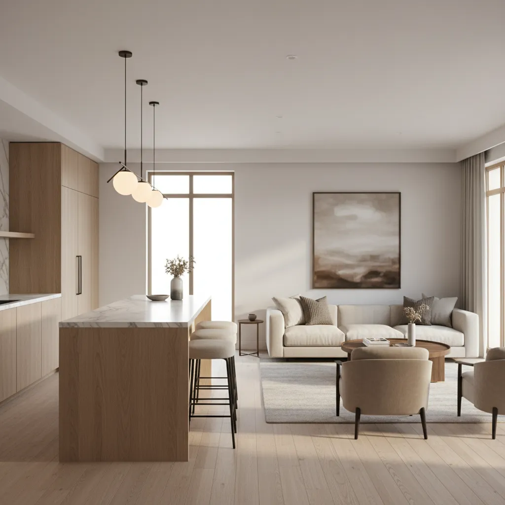 Modern open kitchen with wood island marble countertop beige sofa round ceiling lights and wood flooring