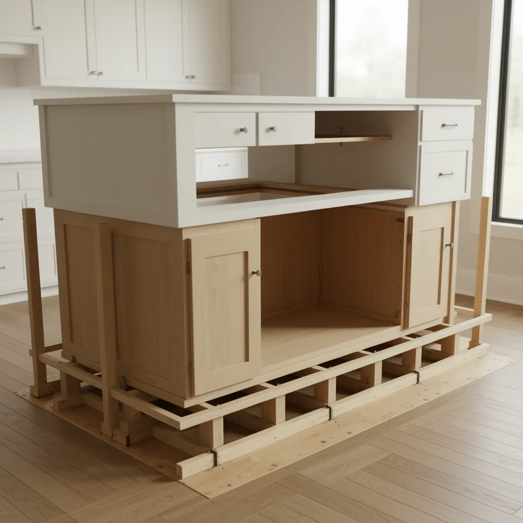 Wood cleats anchoring kitchen island cabinets to floor framing