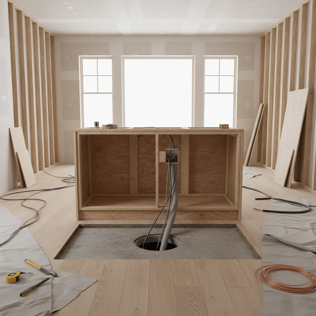 floor conduit wiring feeding electrical outlets into a kitchen island cabinet base