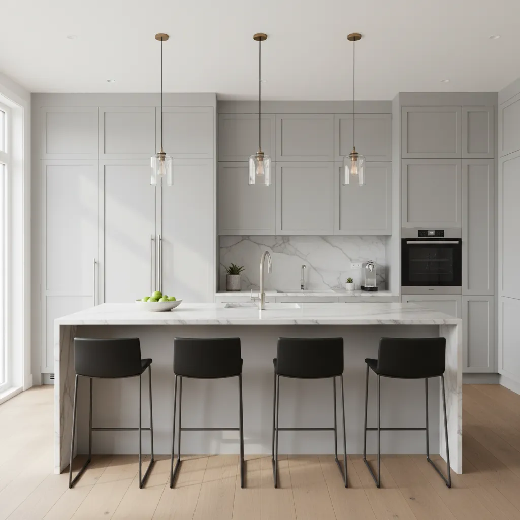 open kitchen layout with long island and four stools