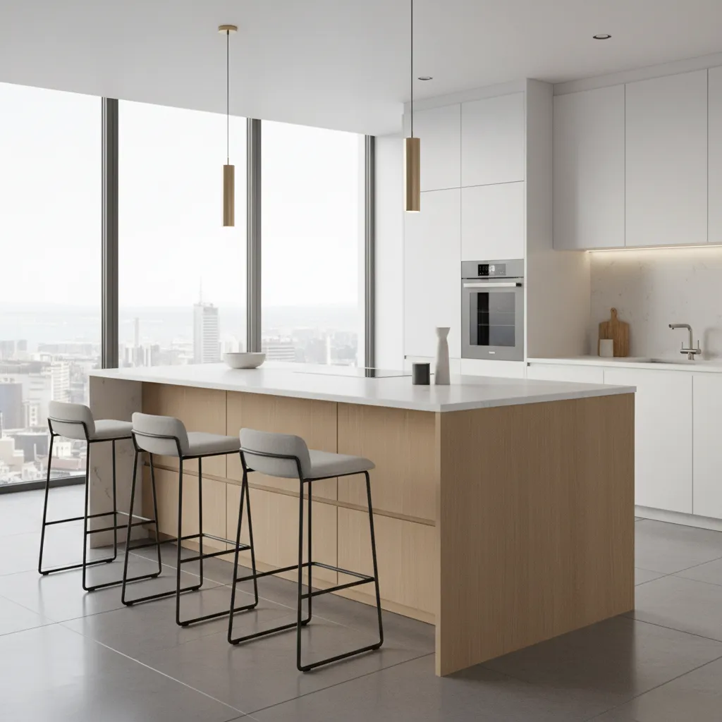 Modern kitchen island with seating and storage in a large apartment kitchen