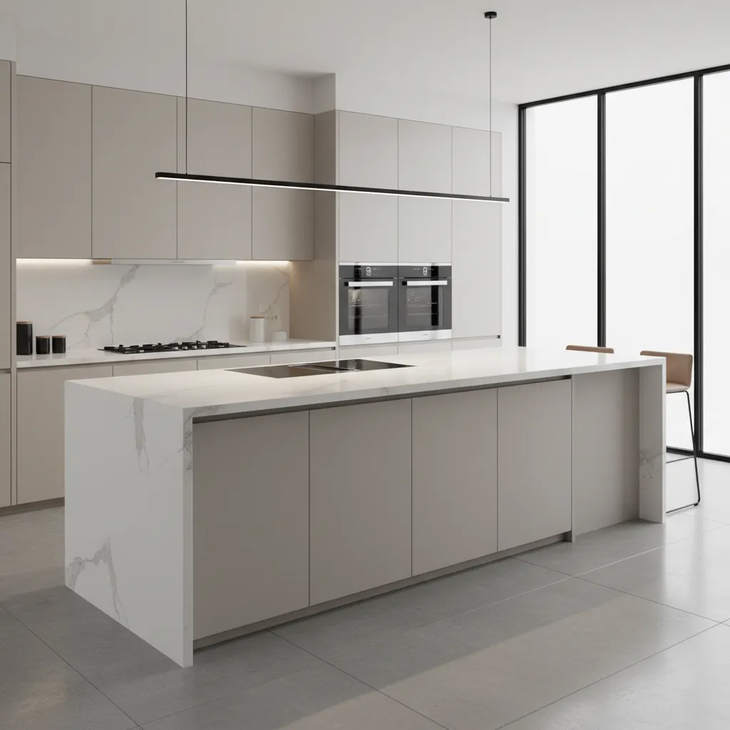 example of glare on kitchen island countertop from overly bright lighting