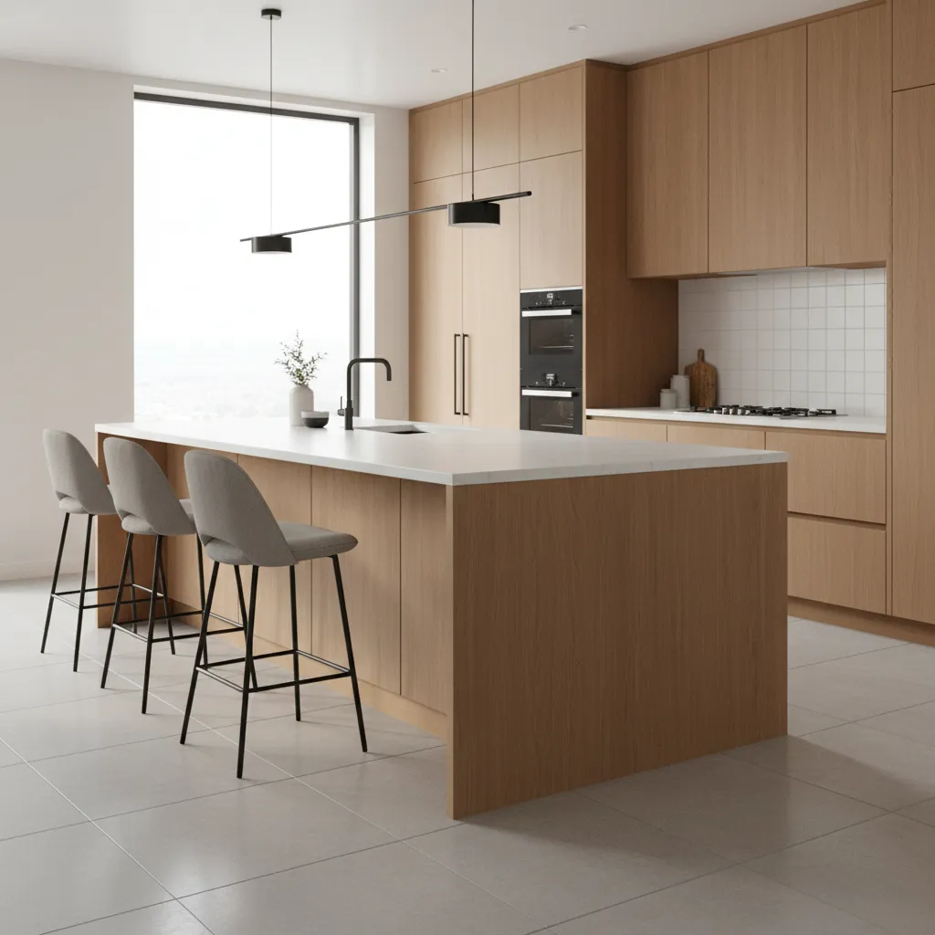 hidden shallow storage cabinets on the back side of a kitchen island with seating