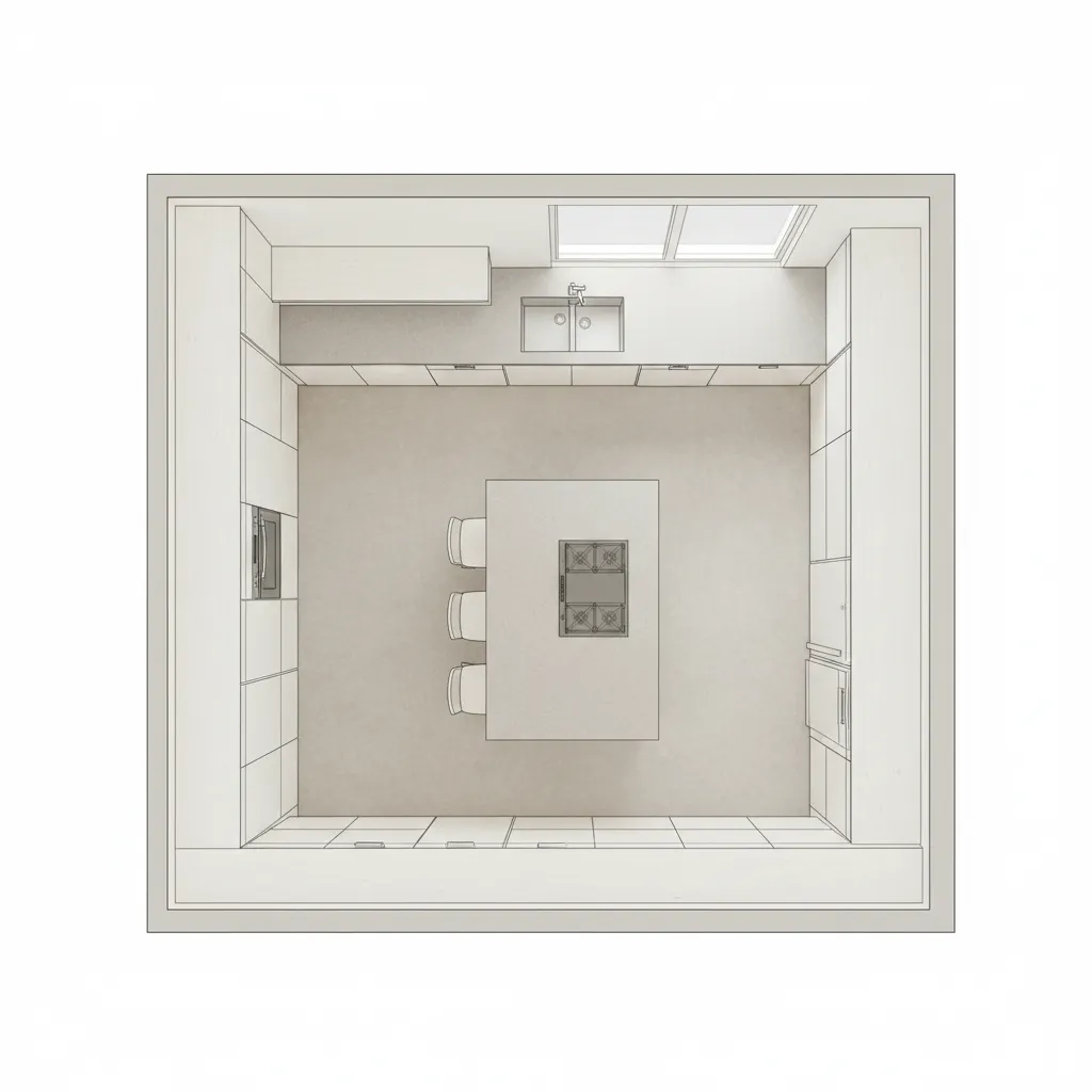 kitchen island layout with walking clearance around cabinets