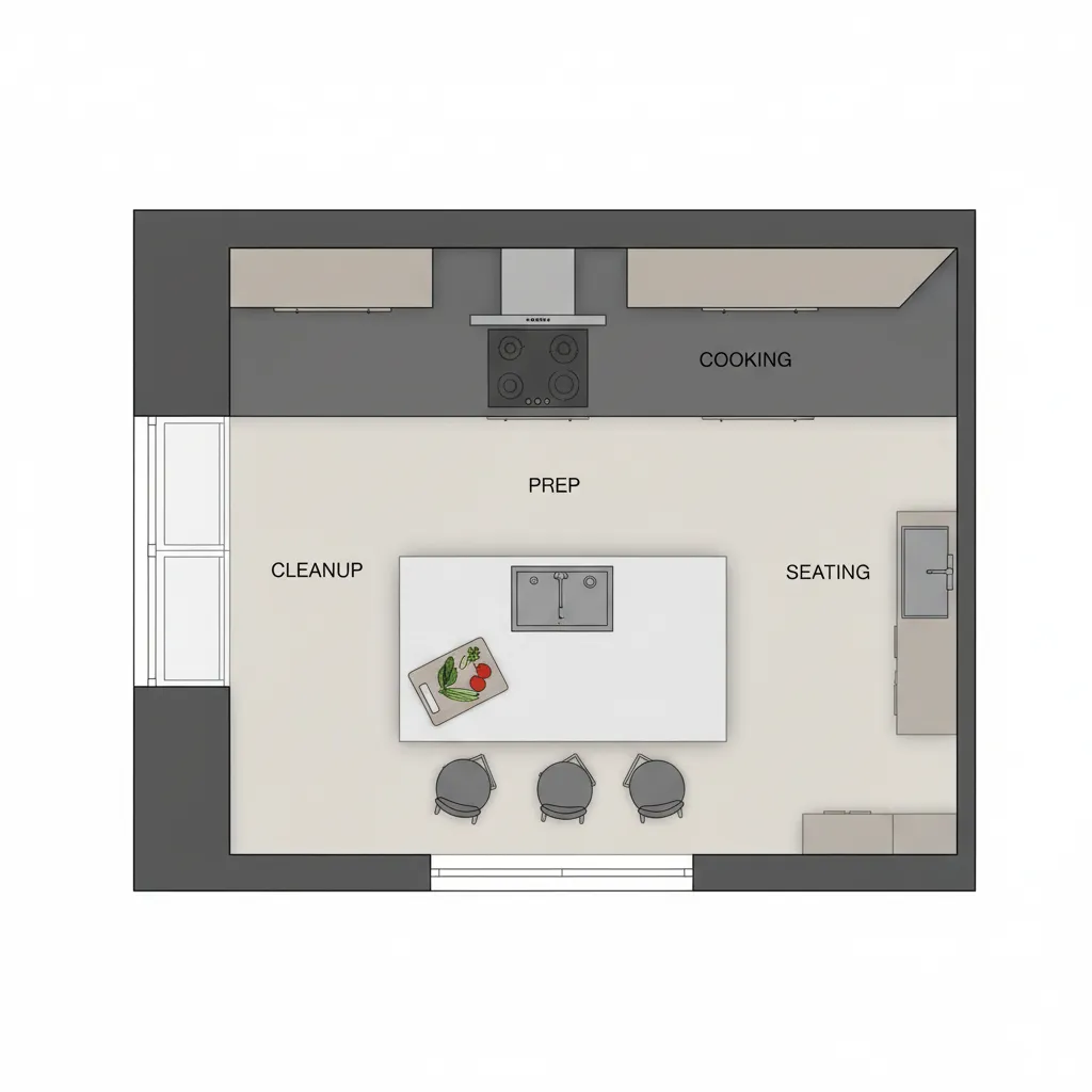 Kitchen layout showing island workflow zones in a modern home