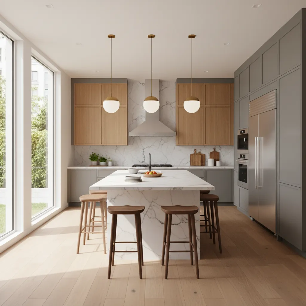 Open plan kitchen with central island and seating