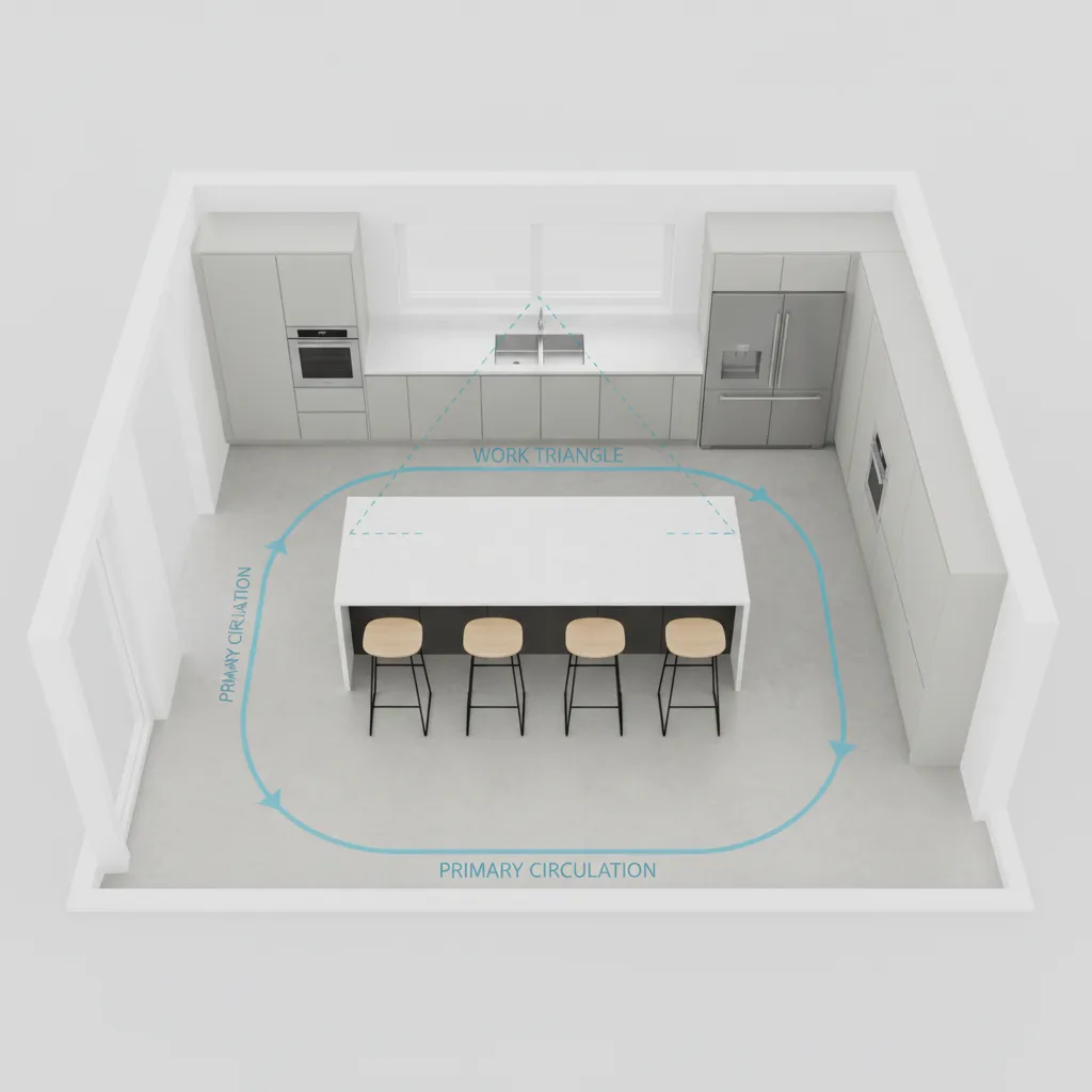 3D kitchen floor plan showing island seating and walking clearance