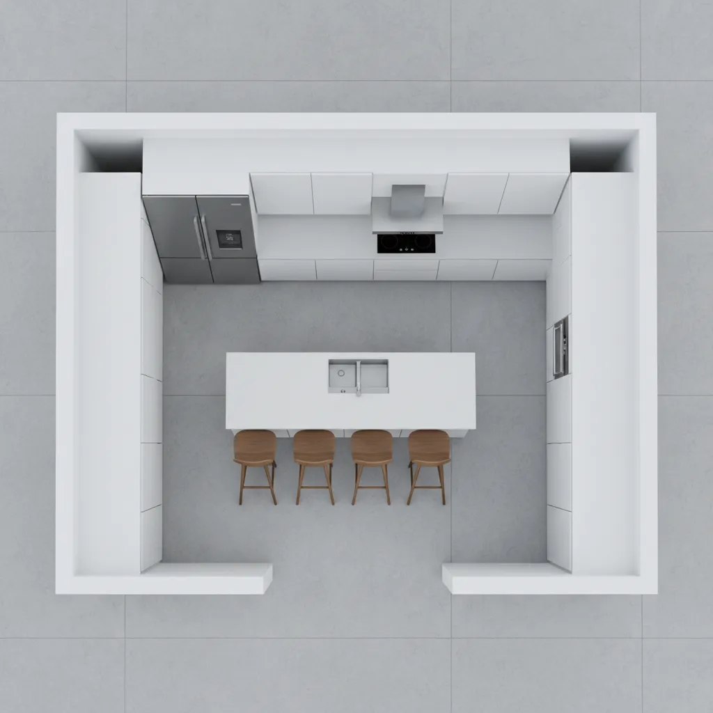 top view kitchen layout showing island seating spacing and walkways