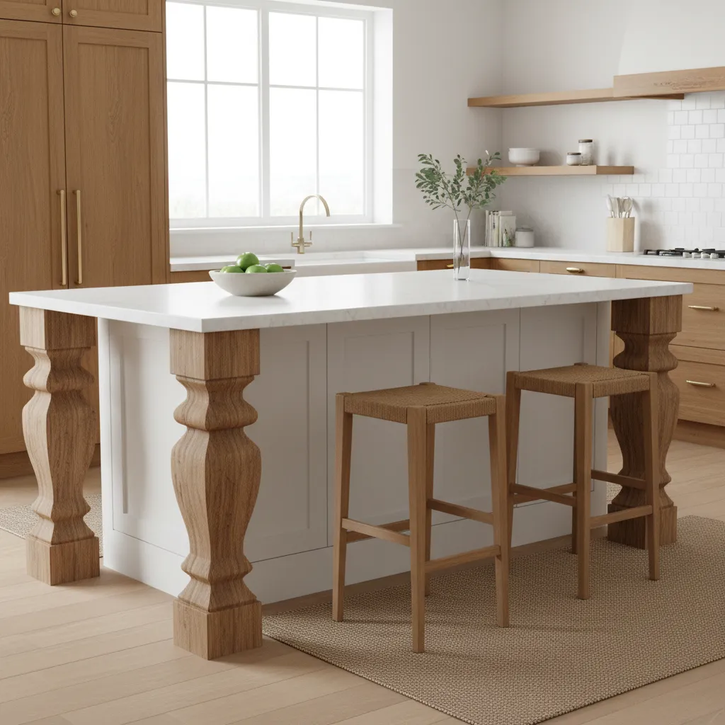 Kitchen island with decorative legs and seating overhang showing potential stability issues