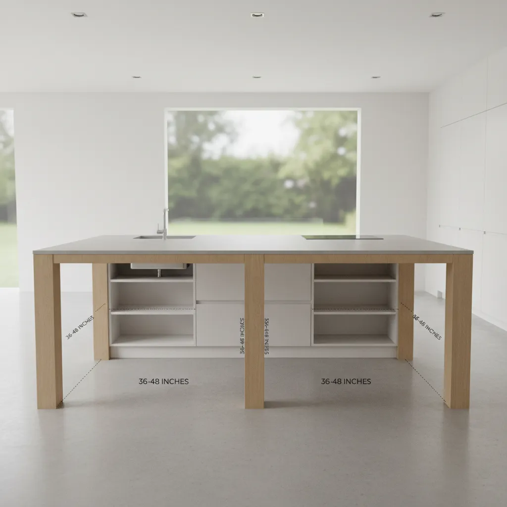 Kitchen island diagram showing leg spacing measurements labeled as thirty to forty eight inches wide