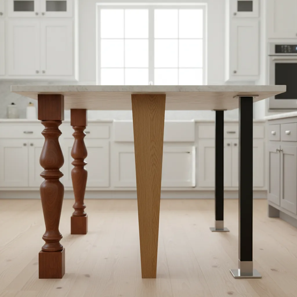 Comparison showing three different kitchen island leg styles including turned wood tapered and black metal