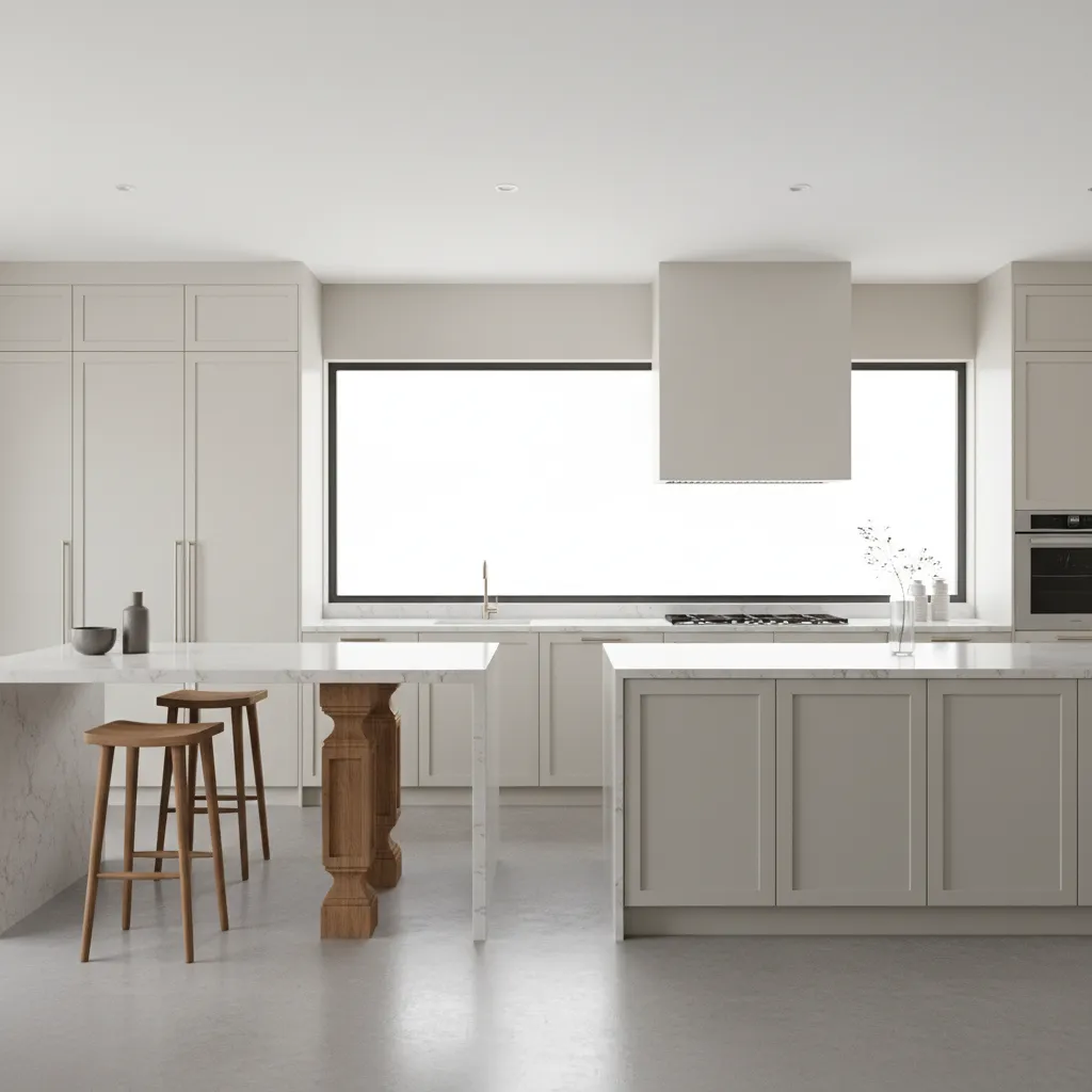 Modern white kitchen showing comparison between island with wooden legs and island with cabinet base