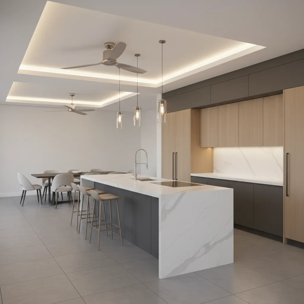 kitchen island with pendant lights and nearby ceiling fan layout