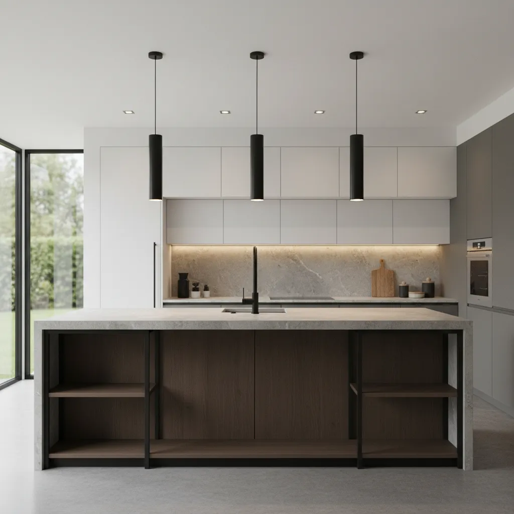 three pendant lights above large kitchen island creating balanced lighting