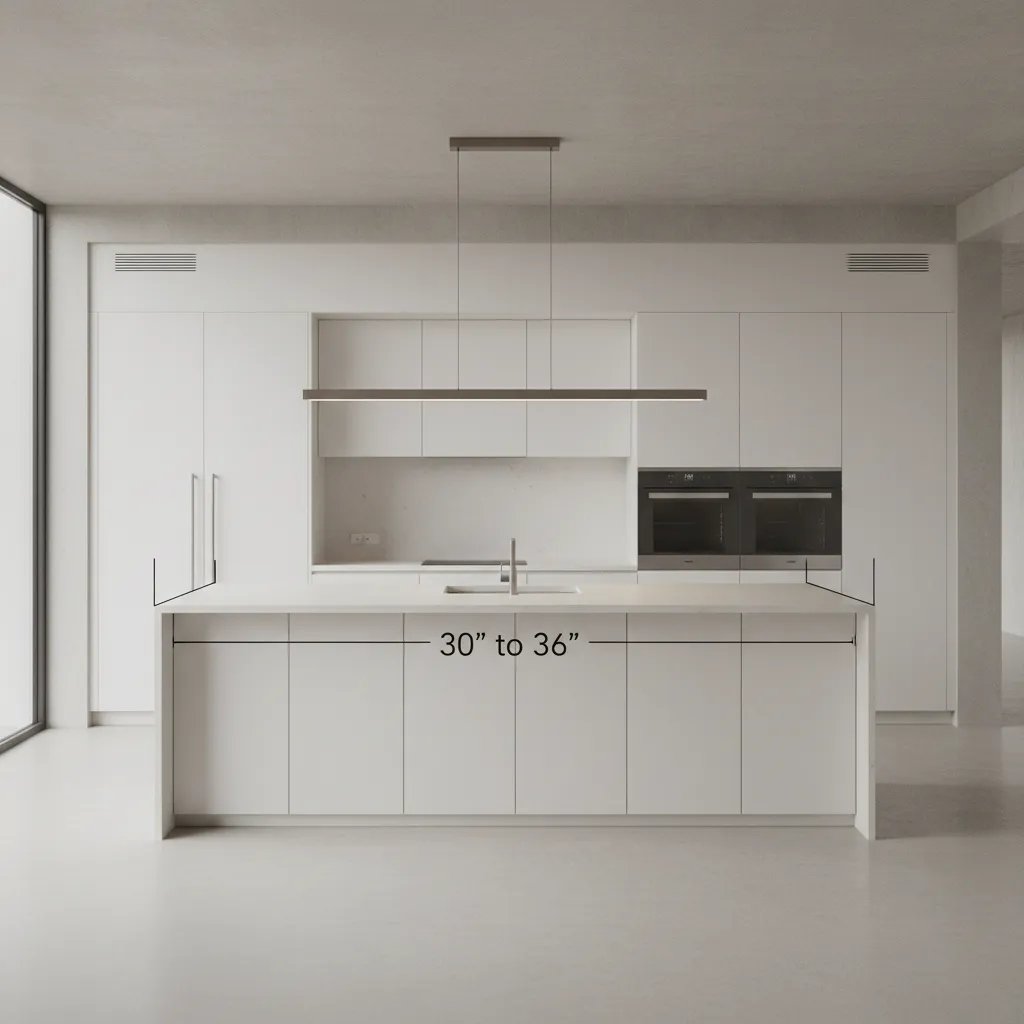 Diagram showing 30 to 36 inch hanging height above kitchen island