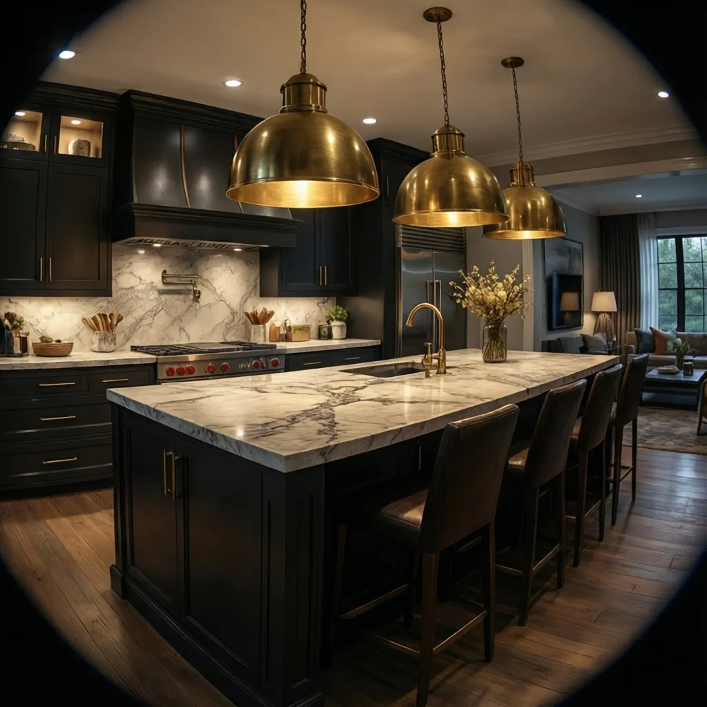 Kitchen island with large brass pendant lights and dark cabinets