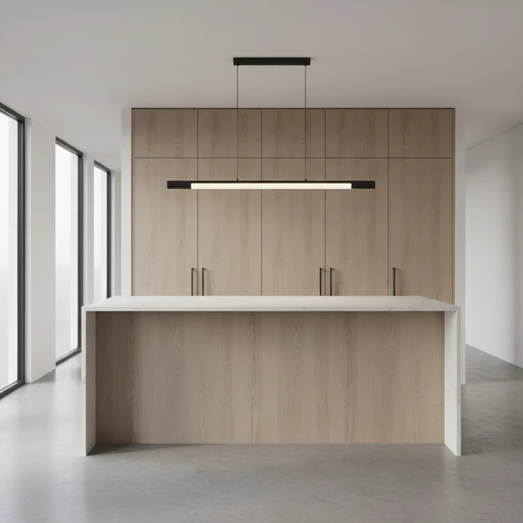 Modern kitchen island with centered linear pendant showing balanced lighting proportions