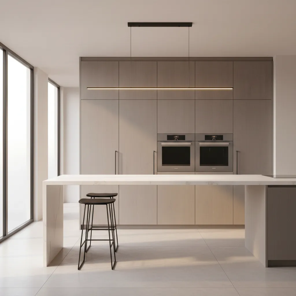 modern kitchen island with linear pendant lighting evenly illuminating countertop