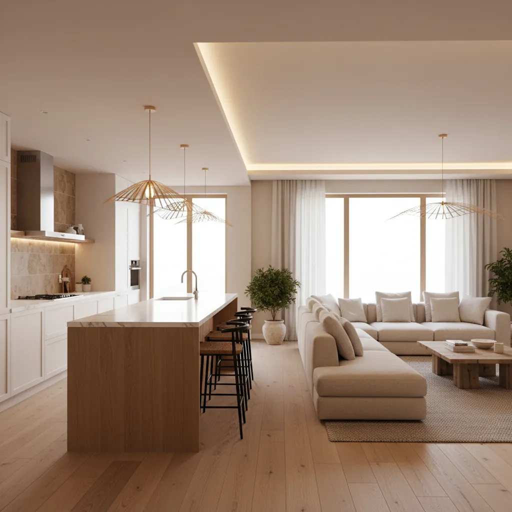 Kitchen island acting as partition between kitchen and living room