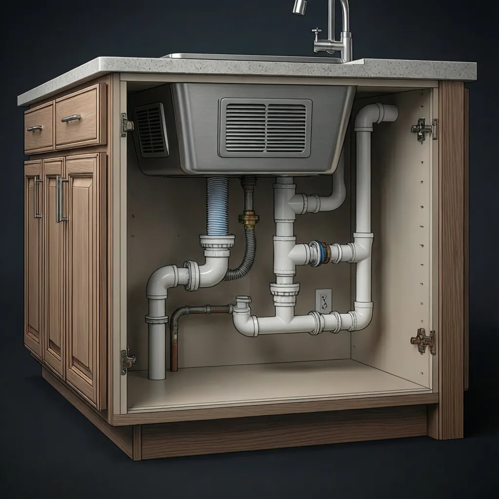 Kitchen island plumbing loop vent system under sink cabinet