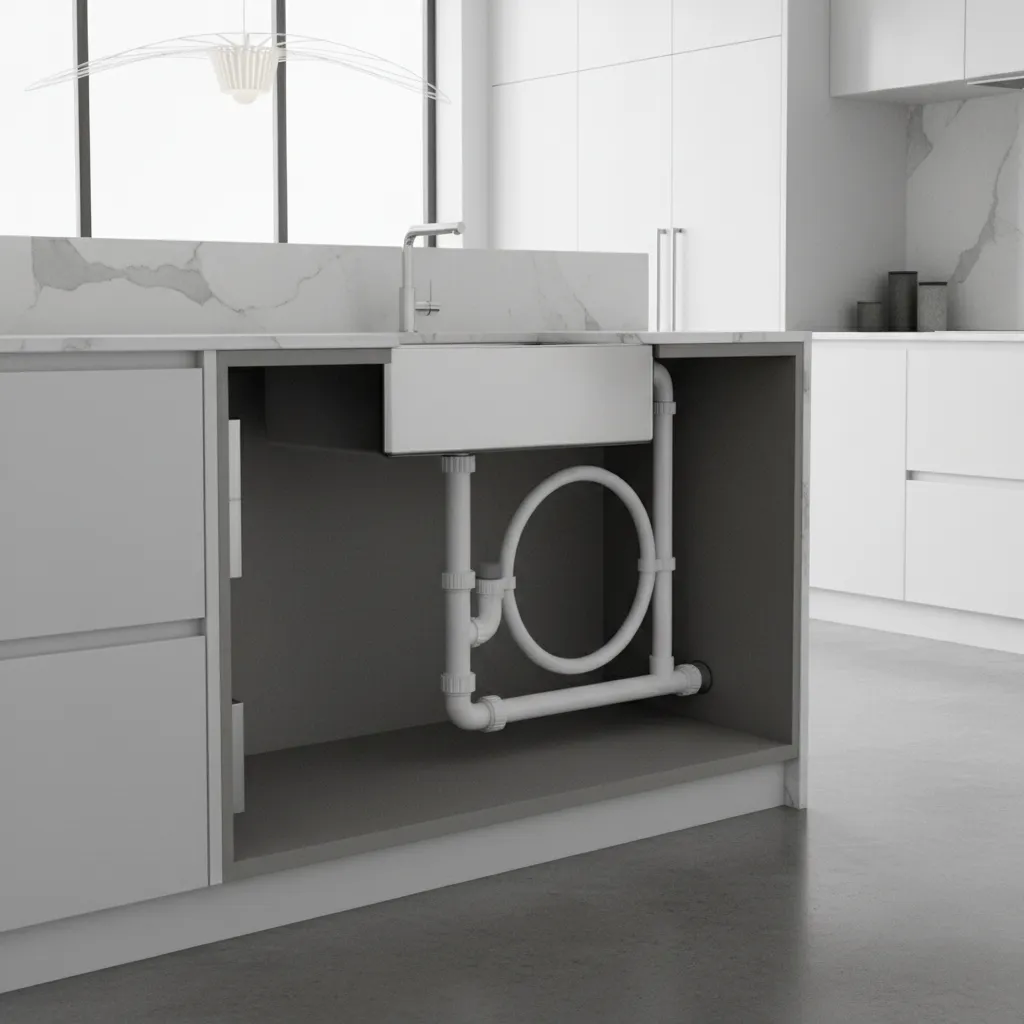 kitchen island sink plumbing with loop vent configuration under countertop