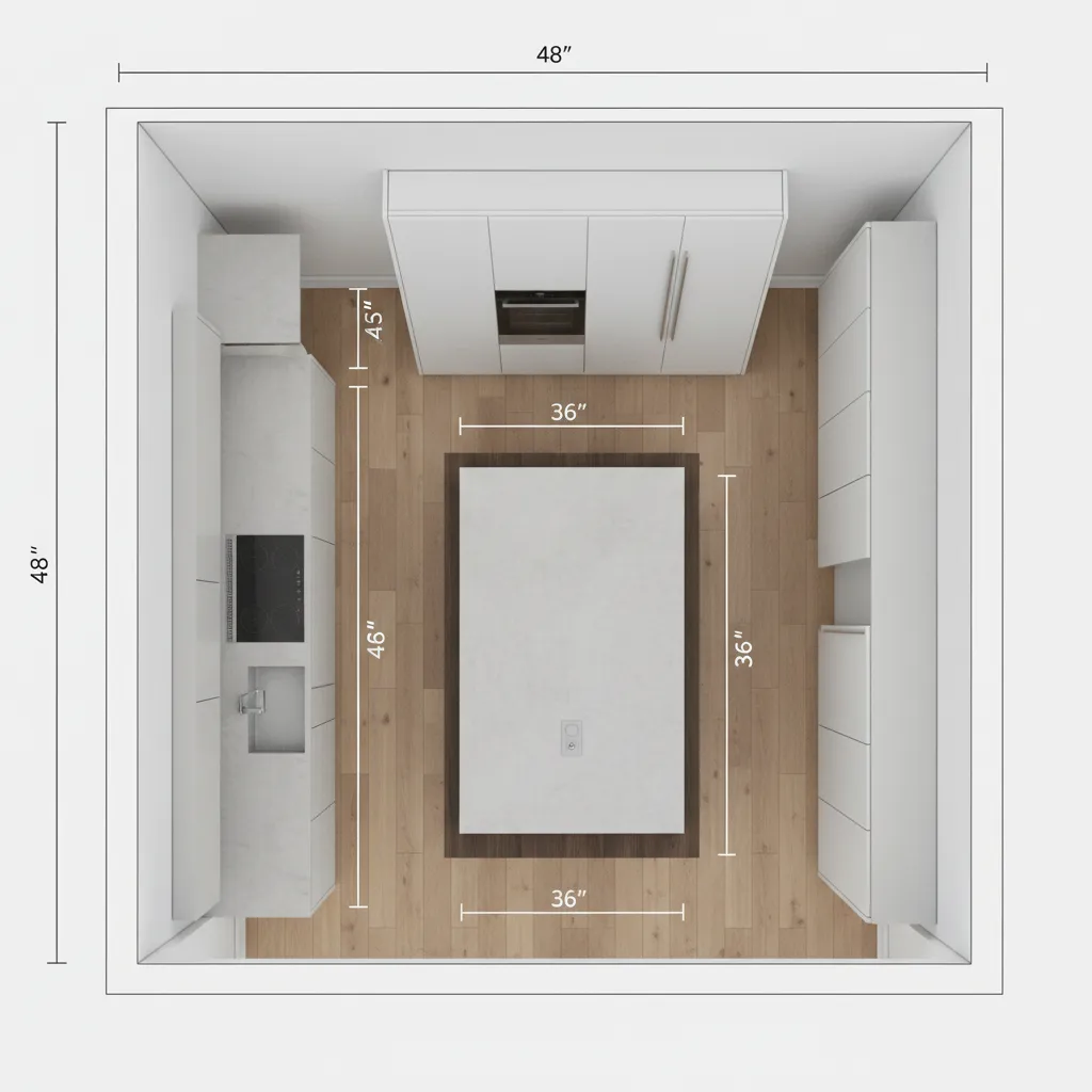 kitchen layout diagram showing 36 42 and 48 inch clearance around island