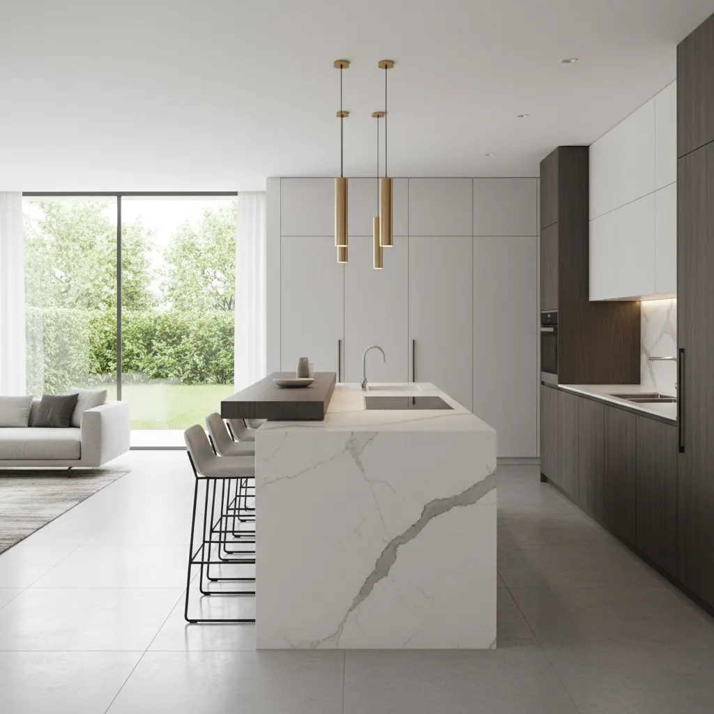 modern kitchen island dividing open kitchen and dining space