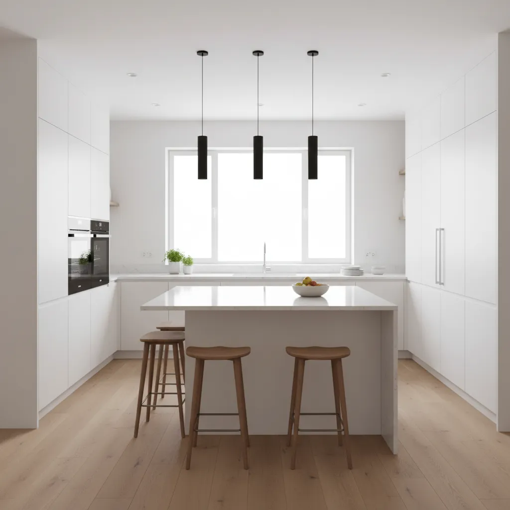 open plan kitchen with central island and pendant lighting