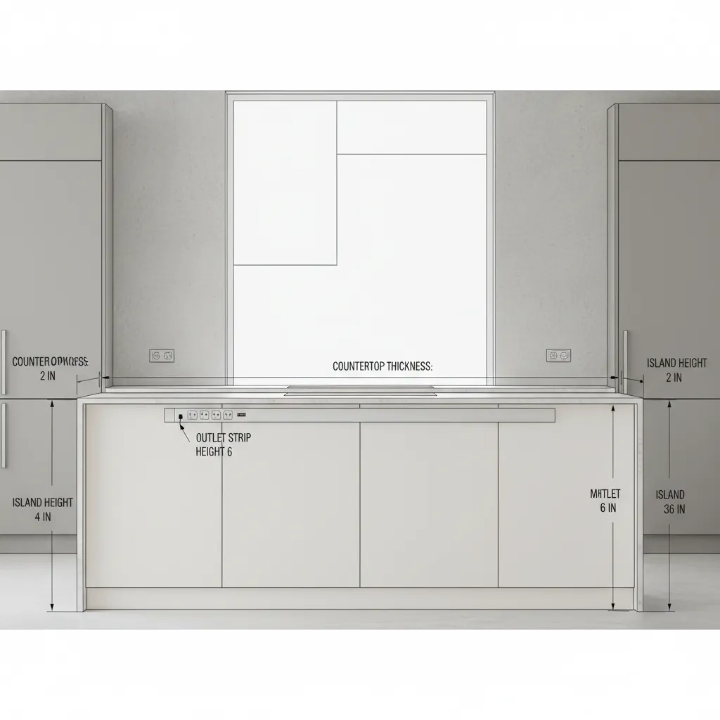 Diagram showing recommended outlet strip mounting height below kitchen island countertop