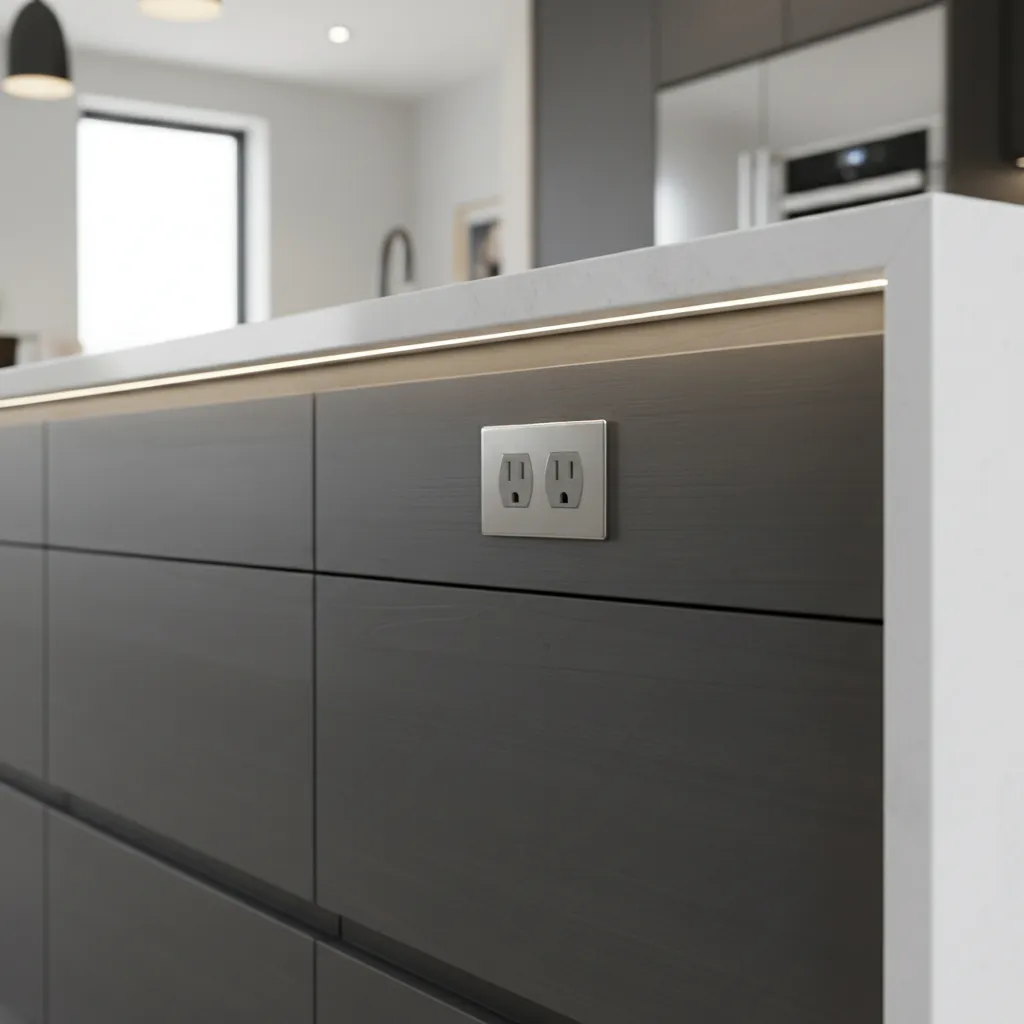 Side mounted kitchen island outlet positioned about 12 inches below countertop