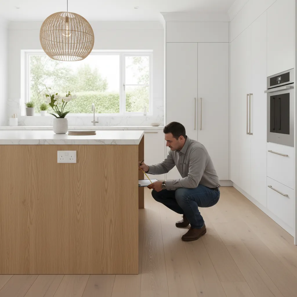 Inspector examining electrical outlet placement on a kitchen island cabinet