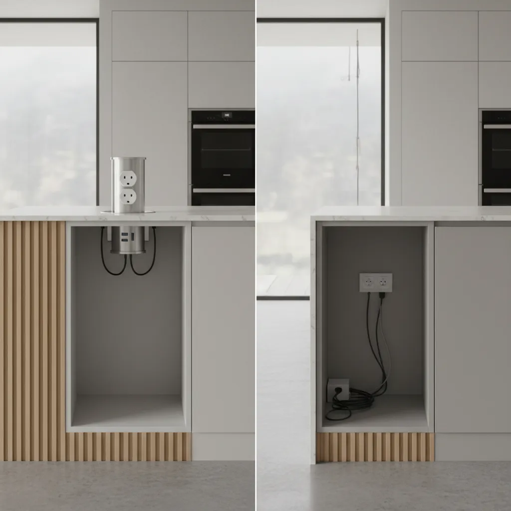 Comparison diagram showing countertop pop-up outlet installation and side-mounted outlet installation
