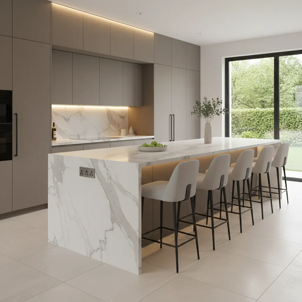 Kitchen island design showing side outlet strip placement and seating area