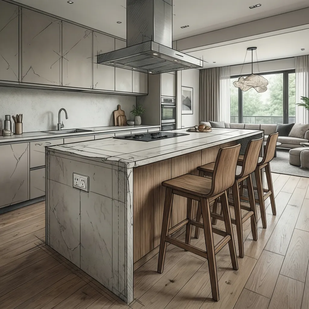 Diagram showing recommended outlet placement on kitchen island side panels