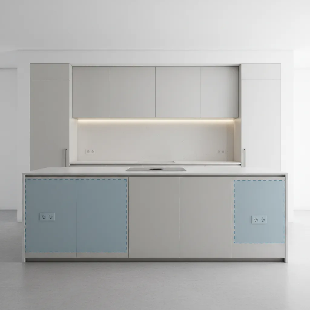 Diagram style visualization showing correct and incorrect kitchen island outlet placement
